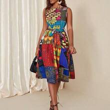 Women's African Mixed Print Sleeveless Round Neck Casual Dress, Random Print - Multicolor - Ver 4