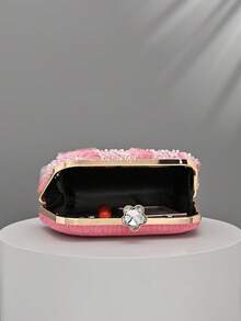 1pc Pink Sheer Sequin Evening Clutch, Gold Frame Formal Handbag Suitable For Wedding And Party (Random Cut) - Pink - View 4