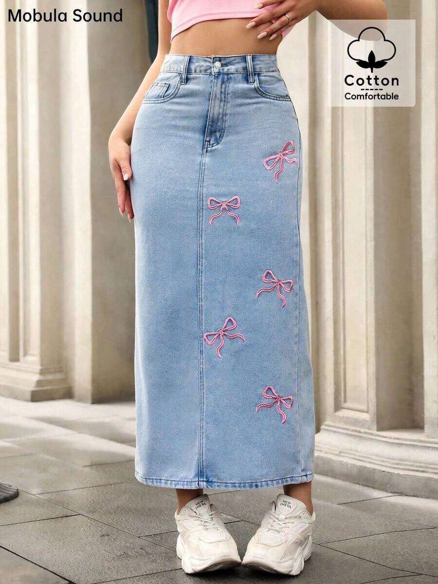 Mid-East Spring & Summer Y2K Sexy Music Festival Student/Collegiate Versatile Casual Vacation Fashion Cute Bow Embroidery Figure-Flattering Denim Maxi Skirt - Azul - Ver 1