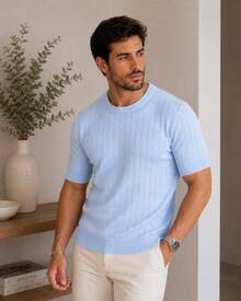 Men's Lightweight Textured Knit T-Shirt, High Quality Premium Spring/Summer 26 - Baby Blue - View 3
