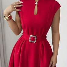 Elenzya Women's Elegant Casual Commute Vacation Afternoon Tea Valentine's Day Party Solid Color Keyhole Neck Sleeveless Waist Ruched Buckle Belt Flared Hem Pockets Dress, Spring/Summer Long Dress With Pocket Women's Dress Formal Wear High Quality Dress Wommen Dress Women Dresses Elegant Classic - Negro - Ver 6