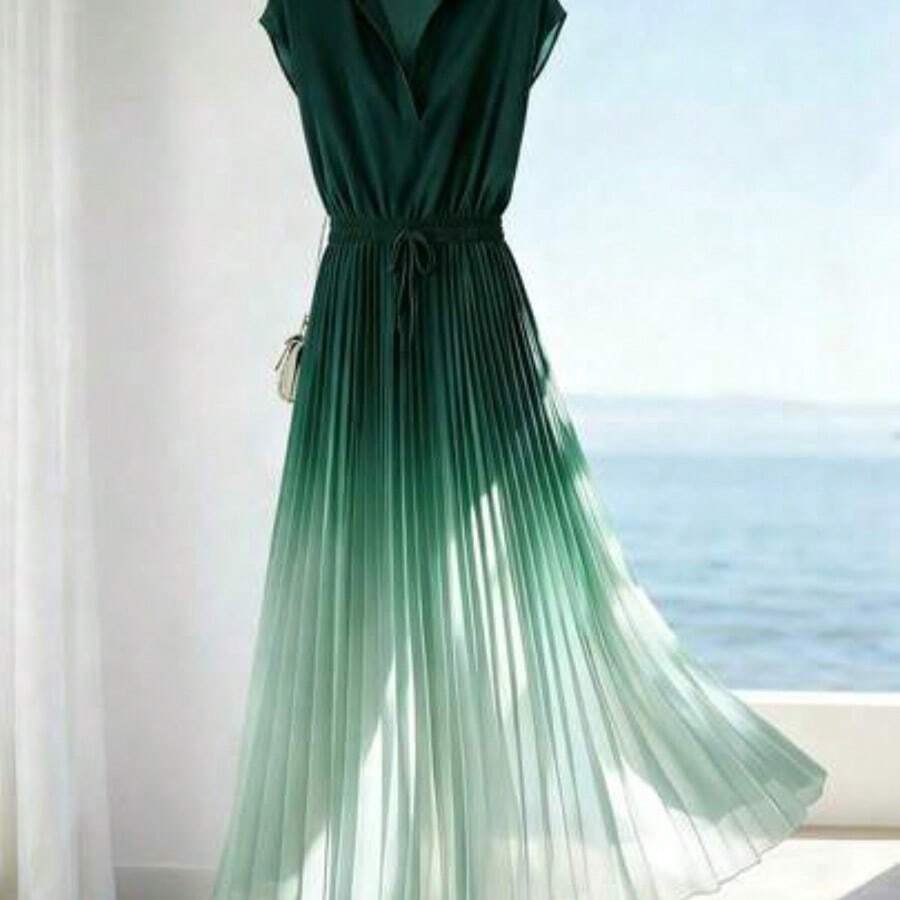Women's Ombre Pleated Hem A-Line Dress, Waist Cinched Design, Elegant For Vacation, Commute, Valentine's Day, Date, French Chic Retro Versatile Party, Early Spring/Summer Sleeveless Blue & White New Mid-Length Dress - Verde Oscuro - Ver 1
