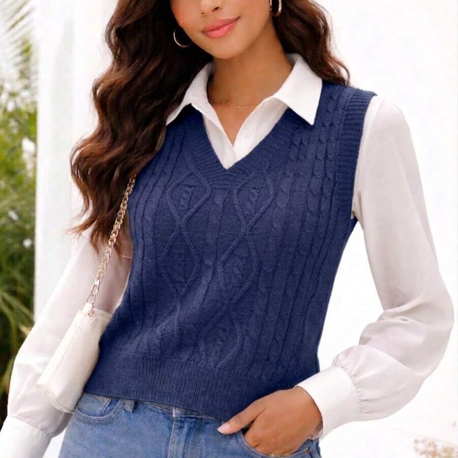 Women's Casual Tank Top Sweater With A V-Neck, Ideal For Autumn And Winter. Stylish And Modern Design. - 藏蓝色 - 查看 1