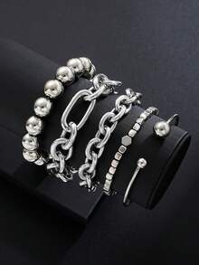 5pcs Vintage Exaggerated Minimalist Coin Design Layered Chunky Chain Beaded Bracelet Set, Suitable For Dating, Vacation, Daily Wear, Party, Holiday Gift For Women - Silver - View 6