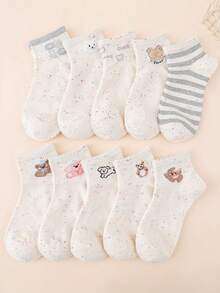 10 Pares de Meias Curtas Esportivas Versáteis Minimalistas Casuais com Listras de Letras e Animais de Desenho Animado Aleatórios e Fofos para Mulheres - Multicolorido - Visão 7
