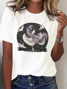 Camiseta cómodara mujer con código puro, figura traional japonesa con cisnes voladores - Pure - Blanco - Ver 2