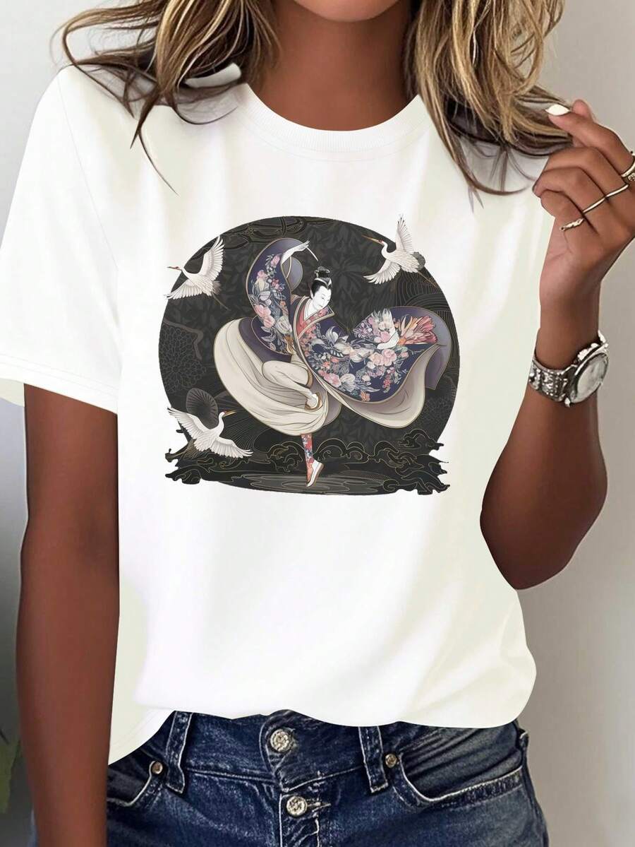 Camiseta cómodara mujer con código puro, figura traional japonesa con cisnes voladores - Pure