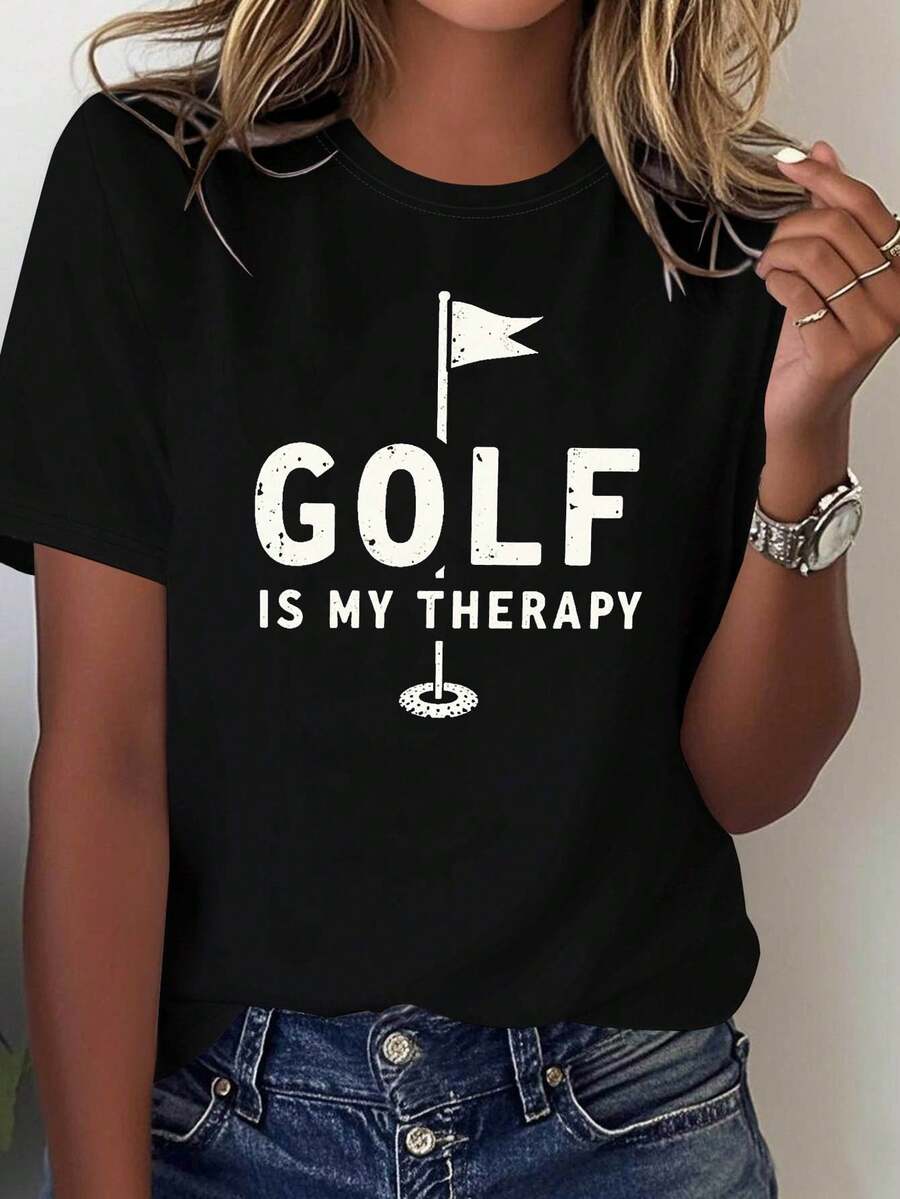 Camiseta con Estampado "ES MI Relajación" para Entusiastas del Golf, "El Golf es Mi Método Terapéutico", Camiseta Casual de Manga Corta y Cuello Redondo para Mujer, Primavera/Verano, Regalo Casual Diario o para Vacaciones - Negro - Ver 1