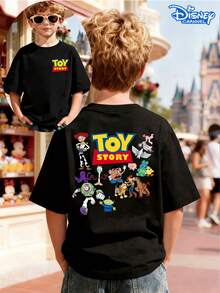 Disney Toy Story Family Double-Sided Print Kids T-Shirt, White Loose Crew Neck Top, Small Front LOGO + Woody, Buzz Lightyear & Friends Back, Full Of Playful Vibe, Breathable Skin-Friendly, All-Match For Summer Park & Street, Unisex - 黑色 - 查看 1