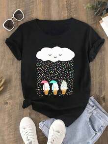 Camiseta Deportiva Casual de Talla para Mujeres, Tela Transpirable, Cuello Redondo, Manga Corta, Versión Suelta, Estampado de Helado de Dibujos Animados - Blanco - Ver 7