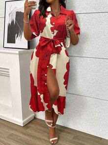 Vestido de mujer tipo camisa de largo maxi con botones frontales, cintura con lazo y estampado floral - Albaricoque - Ver 5