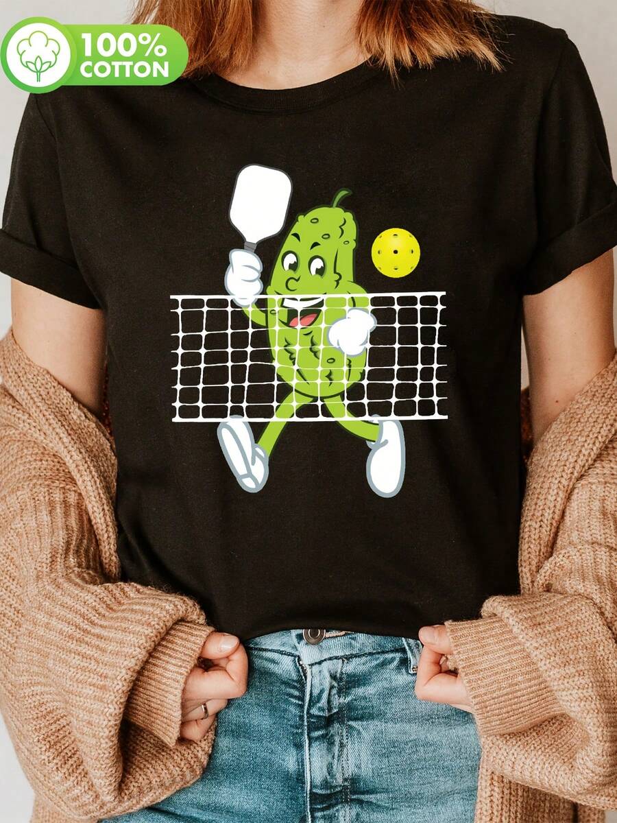 Camiseta Casual de Algodón 100% para Mujer con Estampado Divertido de Pickleball - Manga Corta y Cuello Redondo, Gráfico de Personaje de Dibujos Animados de Pickle, Transpirable y Lavable a Máquina para Verano y Primavera - Negro - Ver 1