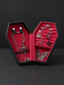 Gothic Coffin Jewelry Storage Box, Black With Red Embossed Design, Portable Jewelry Organizer For Rings, Necklaces & Earrings, Perfect Goth & Alt Gift - Multicolor - View 4
