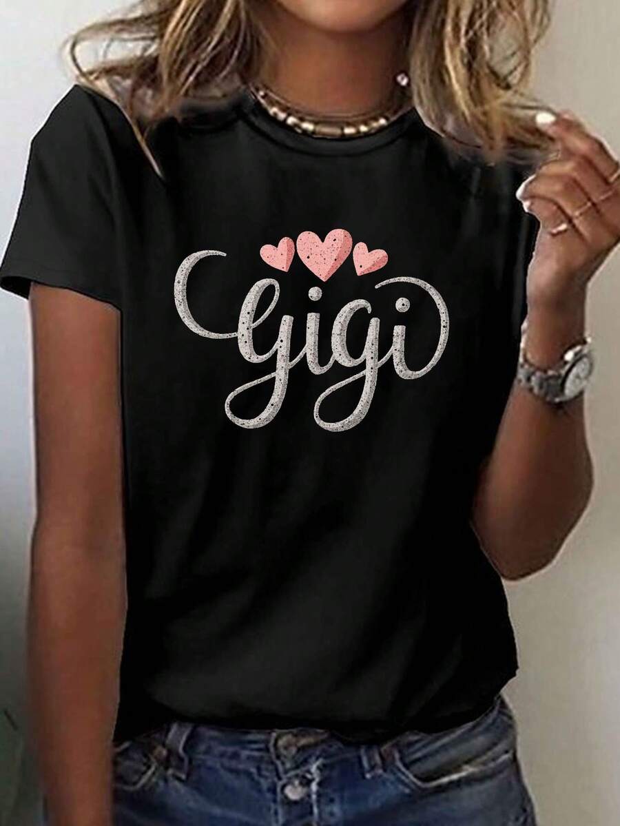 Gigi Heart Print T-Shirt, Casual Short Sleeve Round Neck Top, Women's Spring/Summer Clothing, Pure Cotton Print T-Shirt For Women. - 黑色 - 查看 1