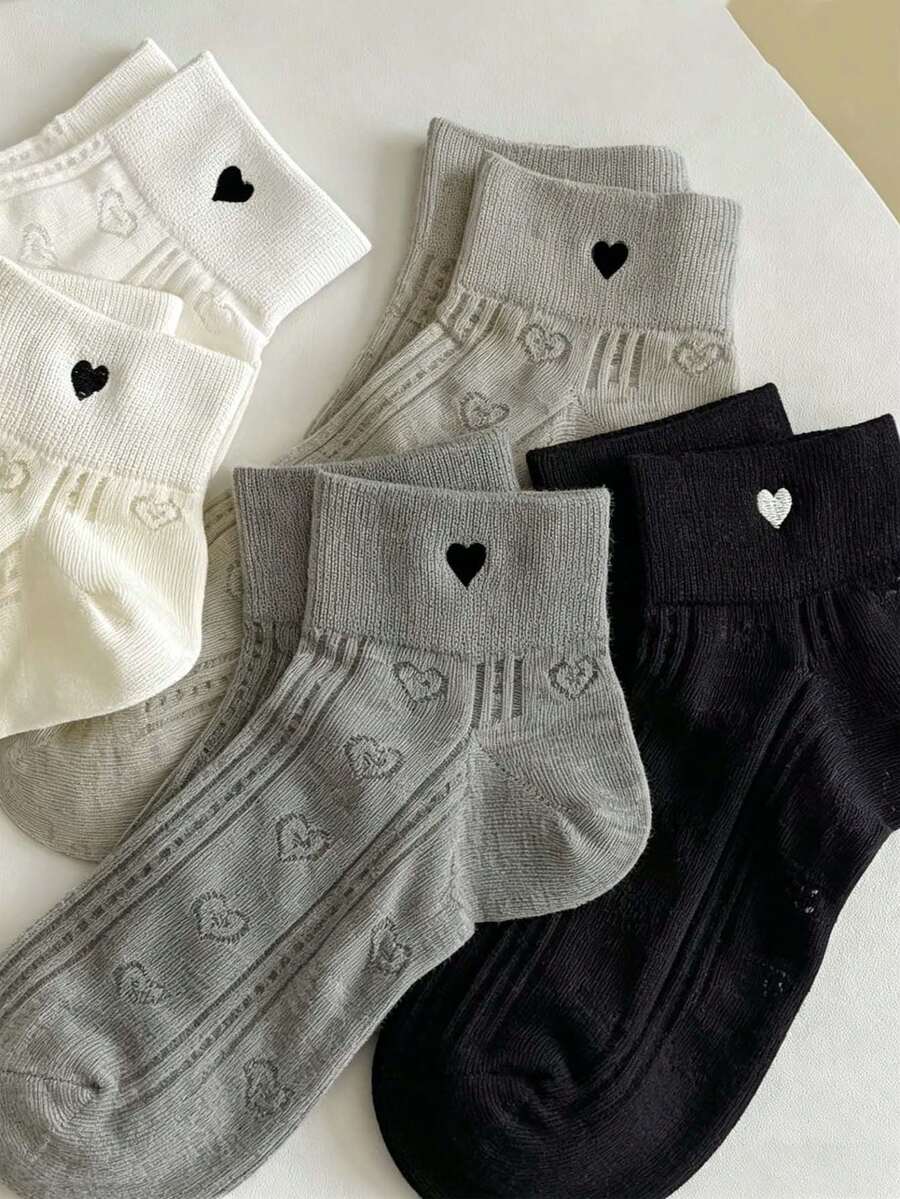 3/6 Pairs Women's Mixed Color Mesh Heart Pattern Versatile Comfortable Breathable Short Boat Socks - Multicolor - View 1