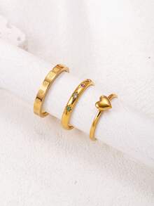 3pcs Fashionable Minimalist Stainless Steel Hollow Heart Diamond Inlaid Couple Rings Set, Suitable For Daily Wear, Holiday & Date Gift - Gold - View 14
