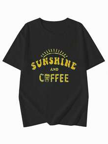 Camiseta de moda femenina de verano de manga corta camiseta de moda casual al aire libre 'letra' estampada camiseta casual femenina suelta - Negro - Ver 3