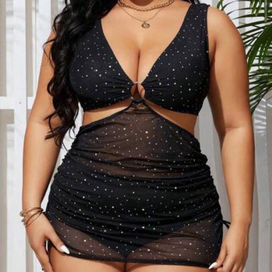 Swim  Summer Beach Plus Size Polka Dot Printed Tankini Set With Circular Detail, Separated Swimsuit, Bathing Suit Beach Outfit Vacay Vibe - Negro - Ver 1