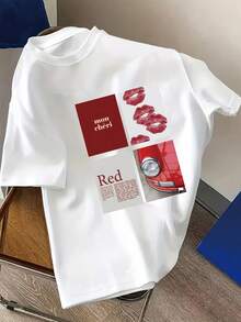 Camiseta Casual de Manga Corta con Cuello Redondo y Estampado de Collage Romántico y Moderno para Mujer, con un Impresionante Diseño de Collage que Incluye Labios Rojos, Coches Rojos, Letras y Otros Elementos.Este estilo romántico y a la moda es perfecto para uso casual en primavera y verano. - Blanco - Ver 5