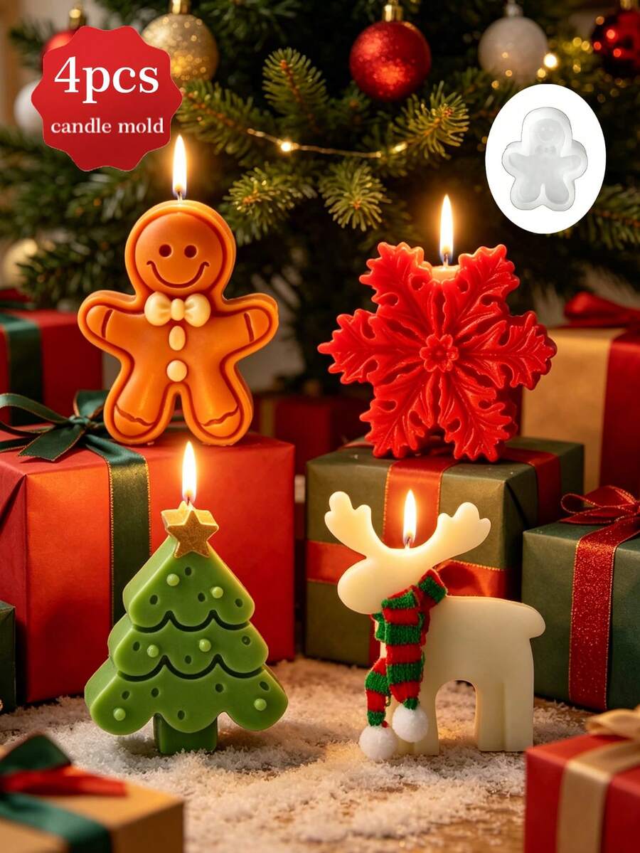4pcs Christmas Theme Silicone Candle Molds: Reusable, Easy Release, Suitable For DIY Aromatherapy Candles, Handmade Soap And Plaster Decor – Includes Tree, Snowflake, Gingerbread Man And Reindeer Designs – Perfect Holiday Gift Decoration - Four-piece Set - View 1
