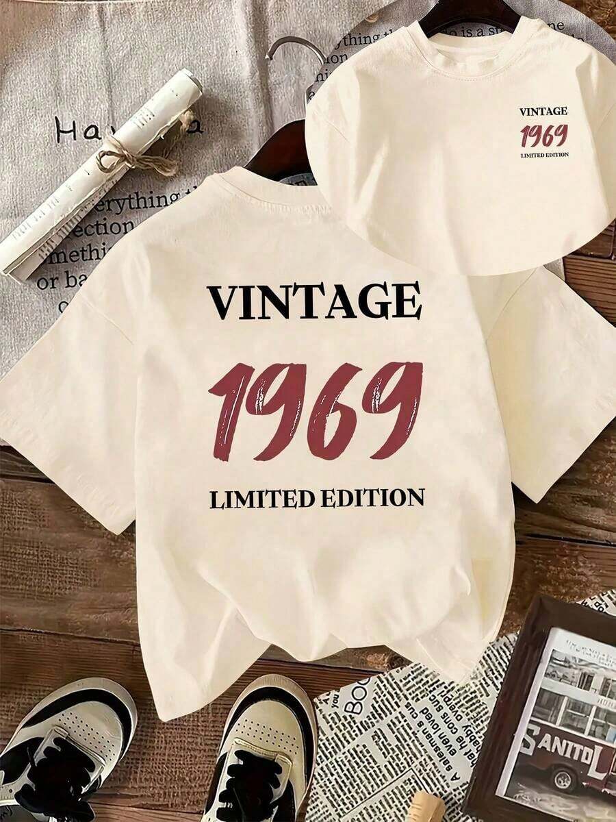 New Summer Collection 2026, Fashion [Double-Sided Print] Women's Casual Summer Top, VINTAGE 1969 LIMITED, Suitable For All Seasons, Comfortable, LIMITED EDITION VINTAGE 1969, Retro Digital Print, Versatile Clothing, Comfortable Material, Short Sleeve T-Shirt, Summer T-Shirt For Fashion Enthusiasts. - 杏色 - 查看 1