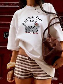 Short-Sleeve T-Shirt With Funny Cat Print And Black Calligraphy, Fashionable Short-Sleeve T-Shirt For Spring And Summer 2026, Made In Mexico, 180 Grams. Cartoon Print, Couple Design, Suitable For Indoor Or Outdoor Wear. Crew Neck, Unisex, Ideal For Office And Leisure. One-Piece Pack. - WH-P631577SLNDXZGY388 - 查看 3