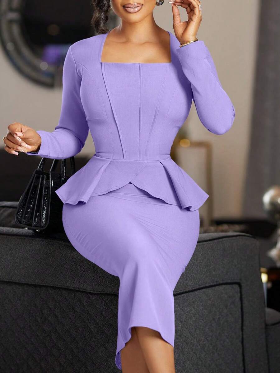 Nuevo Vestido Mujer Talla Grande Otoño Invierno Manga Larga Volantes Elegante Estilo OL - Morado - View 1