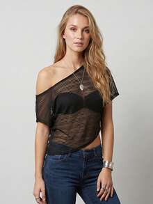 Womens Summer Knit Sheer Poncho Lightweight Asymmetric Off One Shoulder Pullover Crop Tops - 黑色 - 查看 3