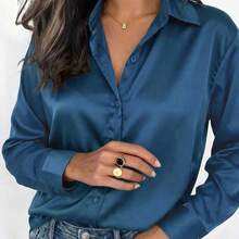2026 Women's Satin Button-Up Blouse, Elegant Collared Shirt For Office Or Casual Wear, Autumn Winter Spring Summer Tops Summer Outfits For Women Summer Clothes Shirts Vacation Outfits Women Spring Outfits For Women Blusas Bonitas De Mujer Cute Tops Going Out Tops Women - 青碧色 - 查看 1