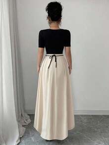 YHHSelianne Vestido de punto con cuello cuadrado, manga corta, cintura ajustada y entallada, estampado de estilo chino, parches de contraste de colorYHH - Multicolor 2 - Ver 9
