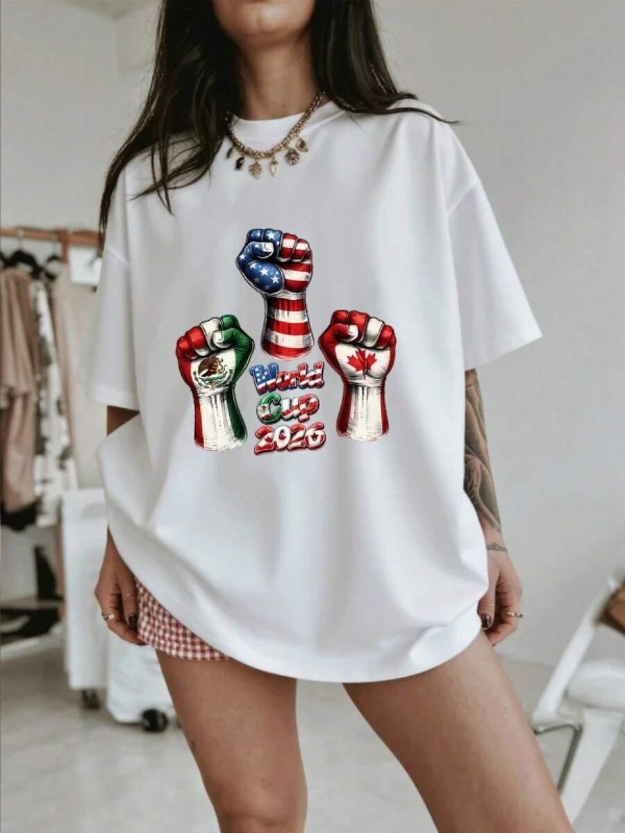 Puños alzados con banderas de México Estados Unidos y Canadá simbolizando unión y pasión por el fútbol rumbo al World Cup 2026 camiseta para mujer 100% algodónRopa De Mujer / Ropa De Mujer De Uso Diario / Blusas, Camisas Y Camisetas De Mujer / Camisetas De Mujer Ropa Deportiva Basicos Mujer Short Playeras Para Hombre - Blanco - Ver 1