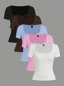 Set de 3 camisetas de punto para mujer, multicolor, camisetas básicas de primavera/verano para mujer, tops ajustados básicos, paquete de tops básicos, tops básicos para mujer, tops de ajuste ceñido, tops básicos, tops de mujer de cuello cuadrado, tops de verano para mujer, tops de manga corta para mujer, tops de verano para mujer, camisetas de mujer - Multicolor 10 - Ver 12
