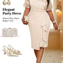 Fleurora Spring And Summer Elegant Party Wedding Cocktail Party Concert/Music Festival Khaki Knitted Overlap Collar Contrast Sequin Midi Short Sleeve Plus Size Dress,Formal Dresses For Women - Albaricoque - Ver 1