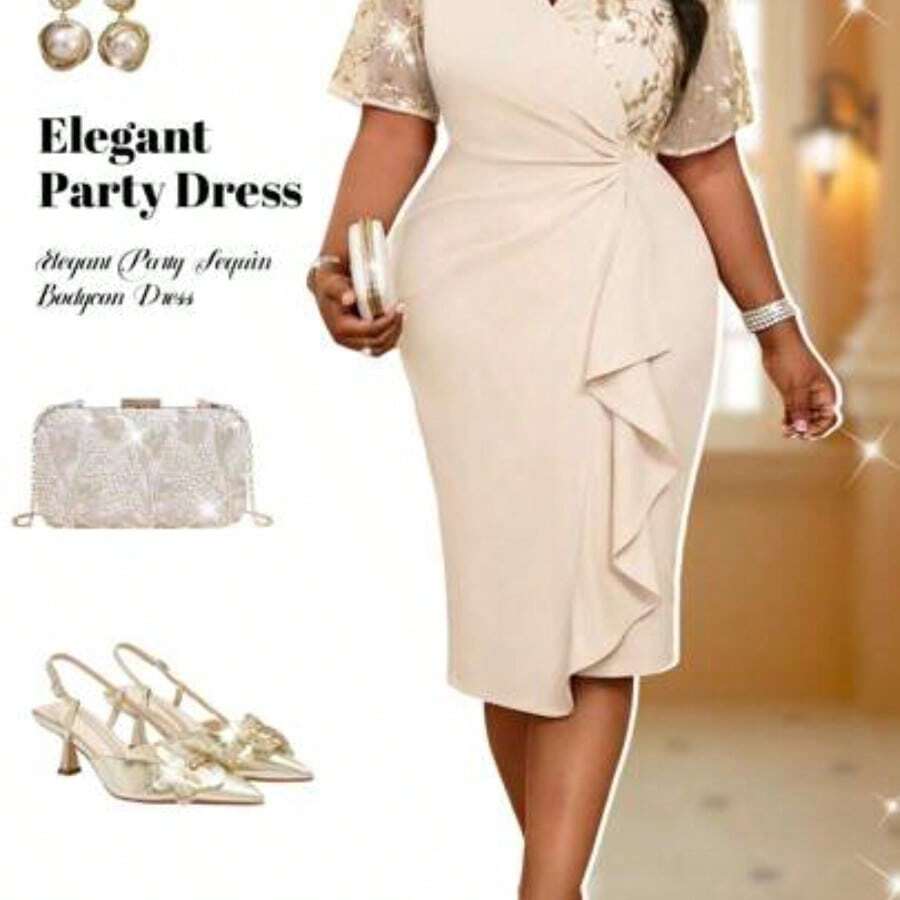 Fleurora Spring And Summer Elegant Party Wedding Cocktail Party Concert/Music Festival Khaki Knitted Overlap Collar Contrast Sequin Midi Short Sleeve Plus Size Dress,Formal Dresses For Women - Albaricoque - Ver 1