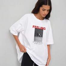 Camiseta de manga corta con estampado de letras FEELING para mujer, estilo retro americano, holgada e informal, para el verano de 2026. - Blanco - Ver 5