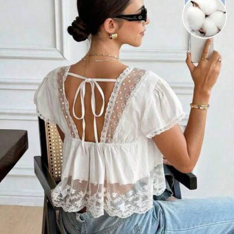 Blusa de mujer con cuello en V, manga corta y espalda con lazo, de encaje y parches, 100% algodón, estilo romántico francés, con diseño de espalda descubierta y mangas abullonadas, versátil para uso diario/casual, verano para mujeres, Día de San Valentín, Carnaval, vacaciones, blusa casual, top Y2K, blusa de encaje, blusa bohemia, top de encaje - Blanco - Ver 1