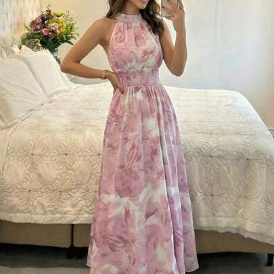 Women's Blue Tie Dye Print Sleeveless Halter Waist Tie A-Line Dress - Rosa - Ver 1