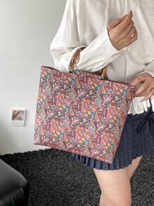 Bolso de mano de lona con estampado, de gran capacidad, con asa de bambú con diseño de flor de anacardo retro, bolso versátil para el transporte diario - Multicolor - Ver 7