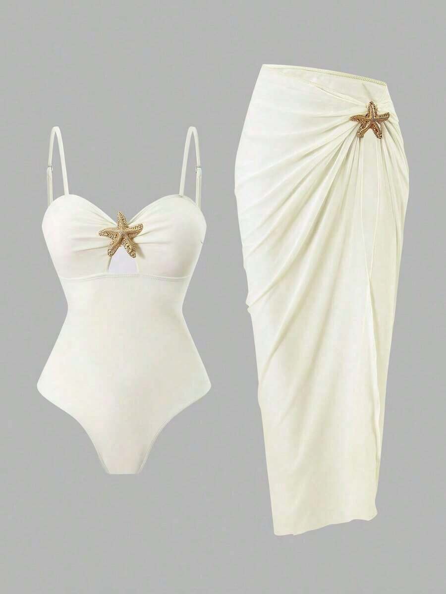 Elavelle Set de 2 piezas de traje de baño de una sola pieza con falda maxi, tirantes finos y decoración de estrella de mar, unicolor para mujer - Beis - Ver 1