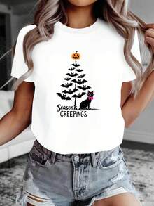 Camiseta de Mujer Estilo Gótico Puro con Árbol, Siluetas de Gorgojos y Lazo Rosa - Diseño Temático para Halloween o Uso Diario en Blanco a Manos Cortas (Lavable a Máquina) - Blanco - Ver 2