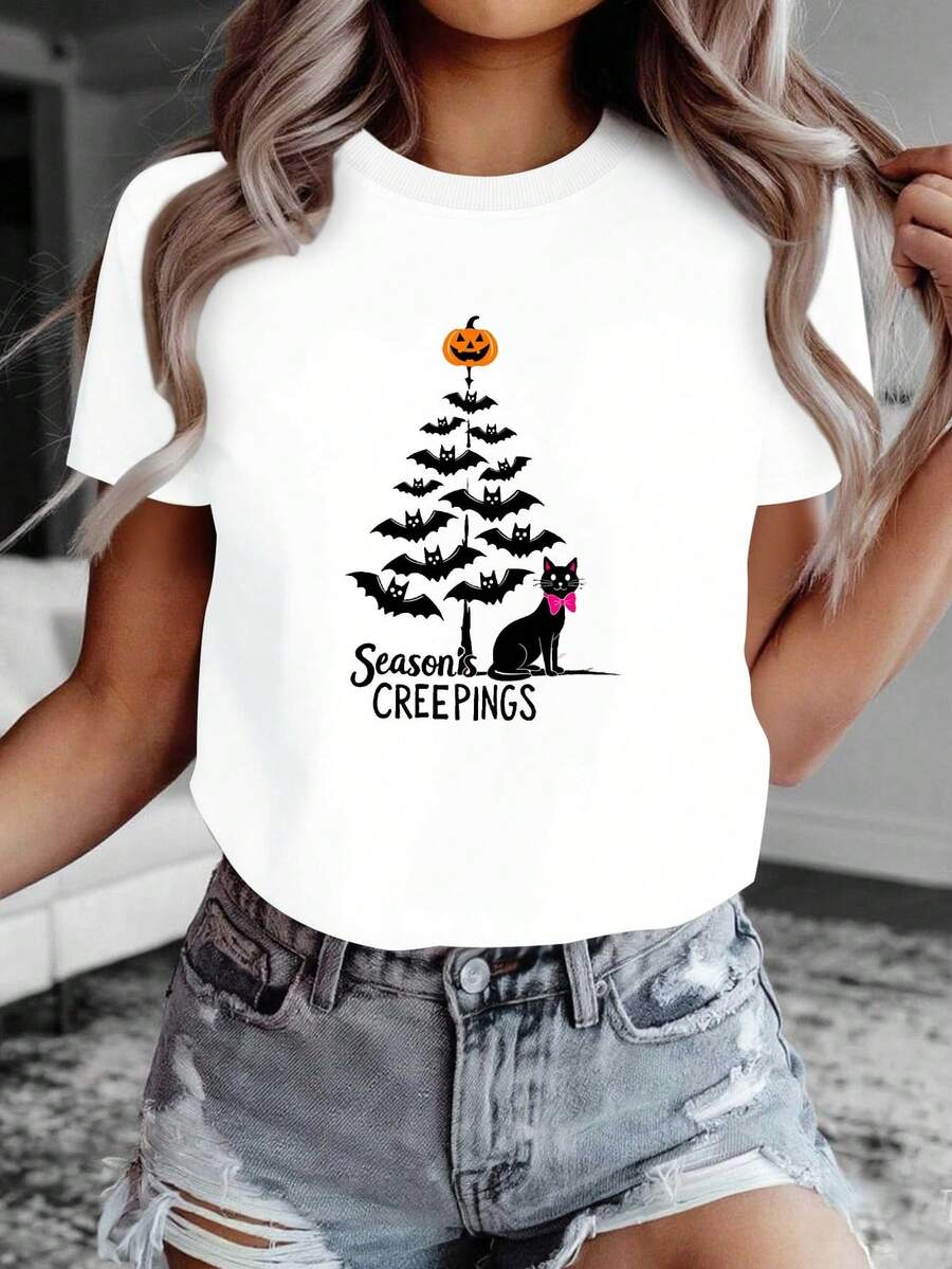 Camiseta de Mujer Estilo Gótico Puro con Árbol, Siluetas de Gorgojos y Lazo Rosa - Diseño Temático para Halloween o Uso Diario en Blanco a Manos Cortas (Lavable a Máquina)