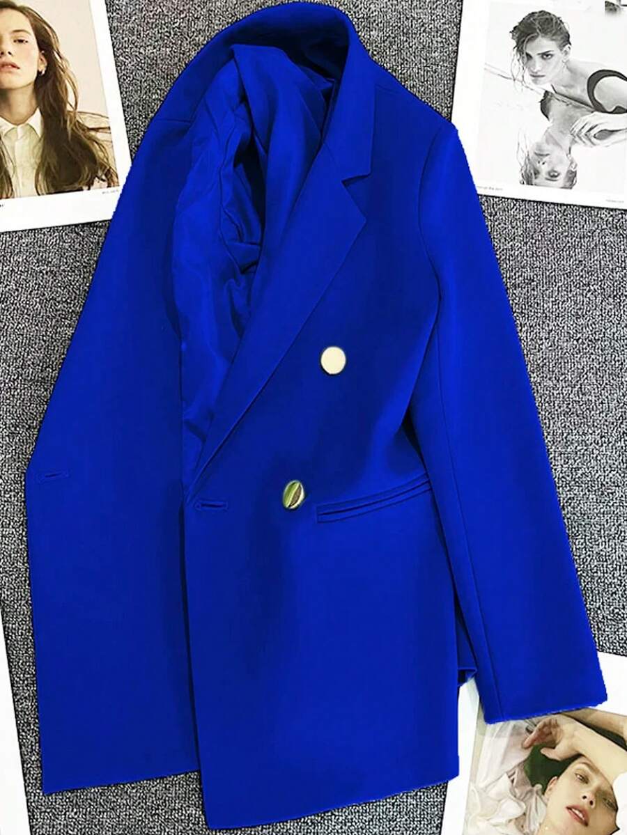 Spring & Summer Women's Solid Long Sleeve Double-Breasted Blazer, Notched Lapels | Ideal For Dates, Parties, Outings & Festive Celebrations