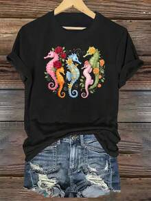 Women's T-Shirt, Soft And Breathable Fabric, Floral And Seahorse Print, Suitable For Everyday Casual Wear, Soft Knit Fabric, Machine Washable, Standard Size - Unisex Cotton T-Shirt With Short Sleeves And Round Neck, Urban Vintage Style. - 黑色 - 查看 1