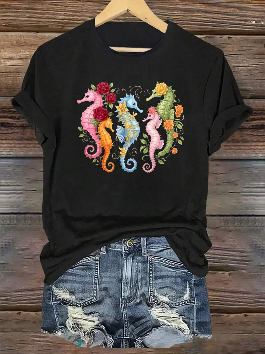 Women's T-Shirt, Soft And Breathable Fabric, Floral And Seahorse Print, Suitable For Everyday Casual Wear, Soft Knit Fabric, Machine Washable, Standard Size - Unisex Cotton T-Shirt With Short Sleeves And Round Neck, Urban Vintage Style. - 黑色 - 查看 1