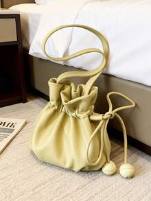 New Solid Color Drawstring Bucket Bag, Casual Cute Mini Shoulder Crossbody Bag - Yellow - View 5