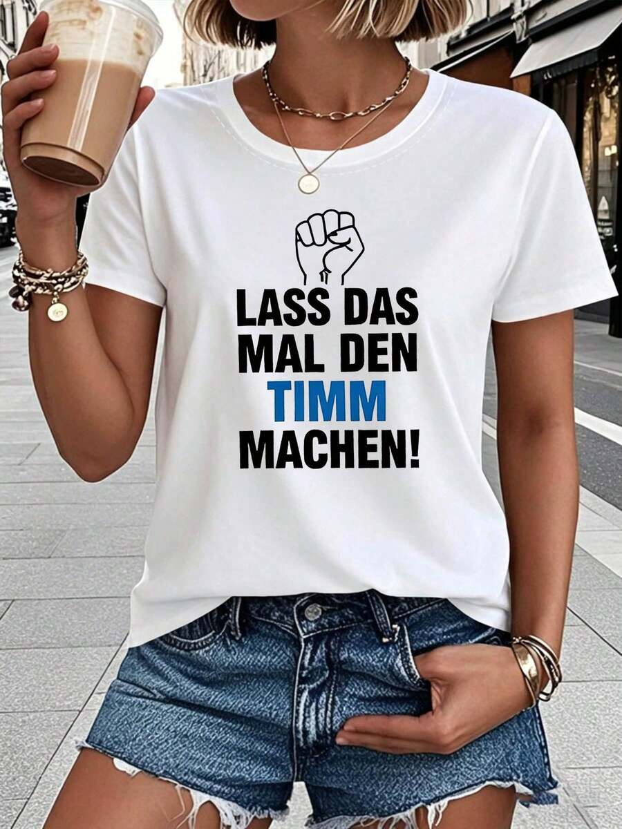 Talla Grande - Talla Grande - LET THE TIMM DO IT Camiseta de talla grande con estampado de letras para mujer, Top casual de manga corta y cuello redondo para verano y primavera, Ropa de mujer