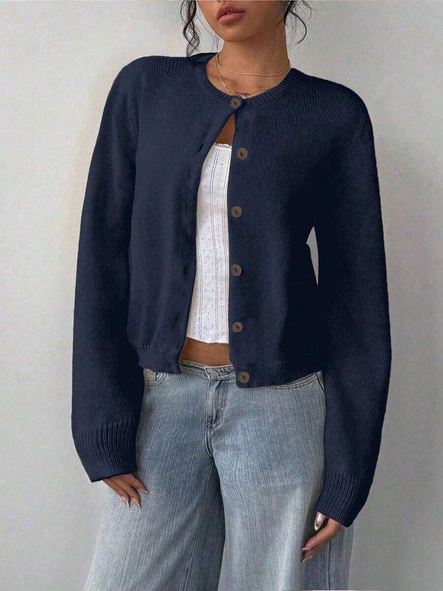 Cárdigan de mujer de manga larga, cuello redondo, suelto y corto, de unicolor, cómodo y acogedor, ideal para el uso diario, en color amarillo mantequilla para otoño/invierno - Azul marino - Ver 1