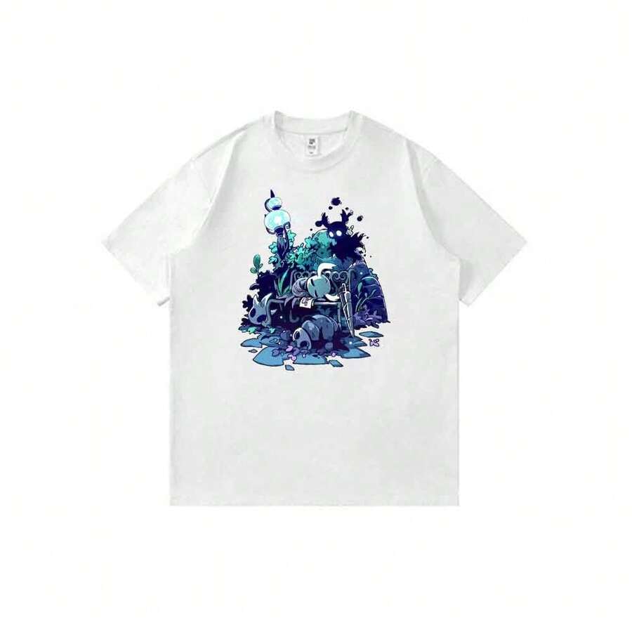 Camiseta unisex de manga corta informal de verano con estampado de dibujos animados de Hollow Knight: El Caballero Descansando (Arte Y2K). - Blanco - Ver 1