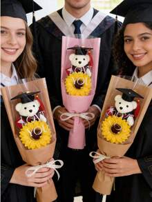2026 Graduation Gift Sunflower Bouquet, Artificial Sunflower Bear Graduation Bouquet With Doctoral Cap, Suitable As Graduation Gift, Birthday Gift, Teacher's Day Gift For Friends, Classmates Or Girlfriend, Also Can Be Used As Home Decor - Multicolor - View 3