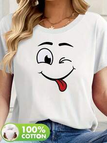 Camiseta de manga corta para mujer - Estampado divertido con diseño de cara de caricatura, transpirable, estilo casual de verano con cuello redondo, lavable a máquina, corte regular, diseño holgado y cómodo, tela de alta calidad. - Negro - Ver 9